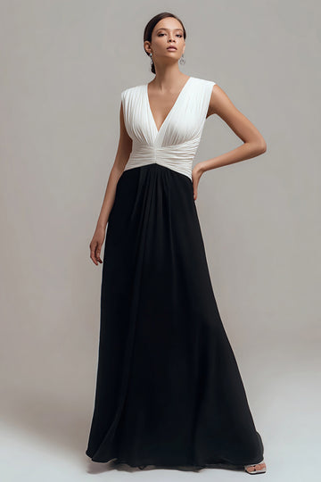 Black and White A-Line V-Neck Formal Dress With Pleats